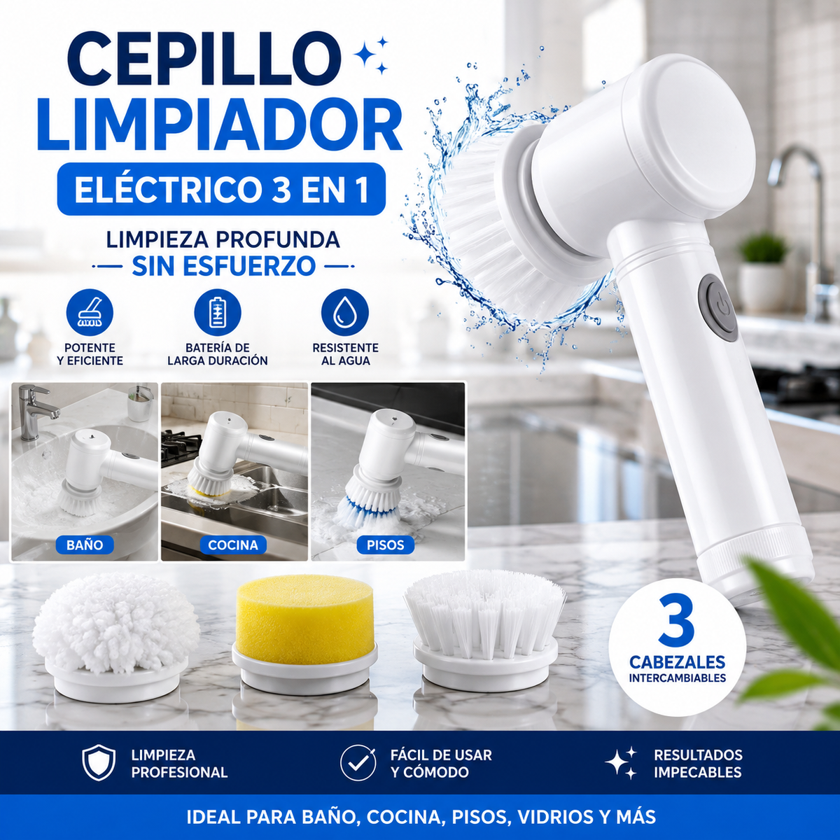 AquaPro™ – Cepillo Limpiador Eléctrico 3 en 1